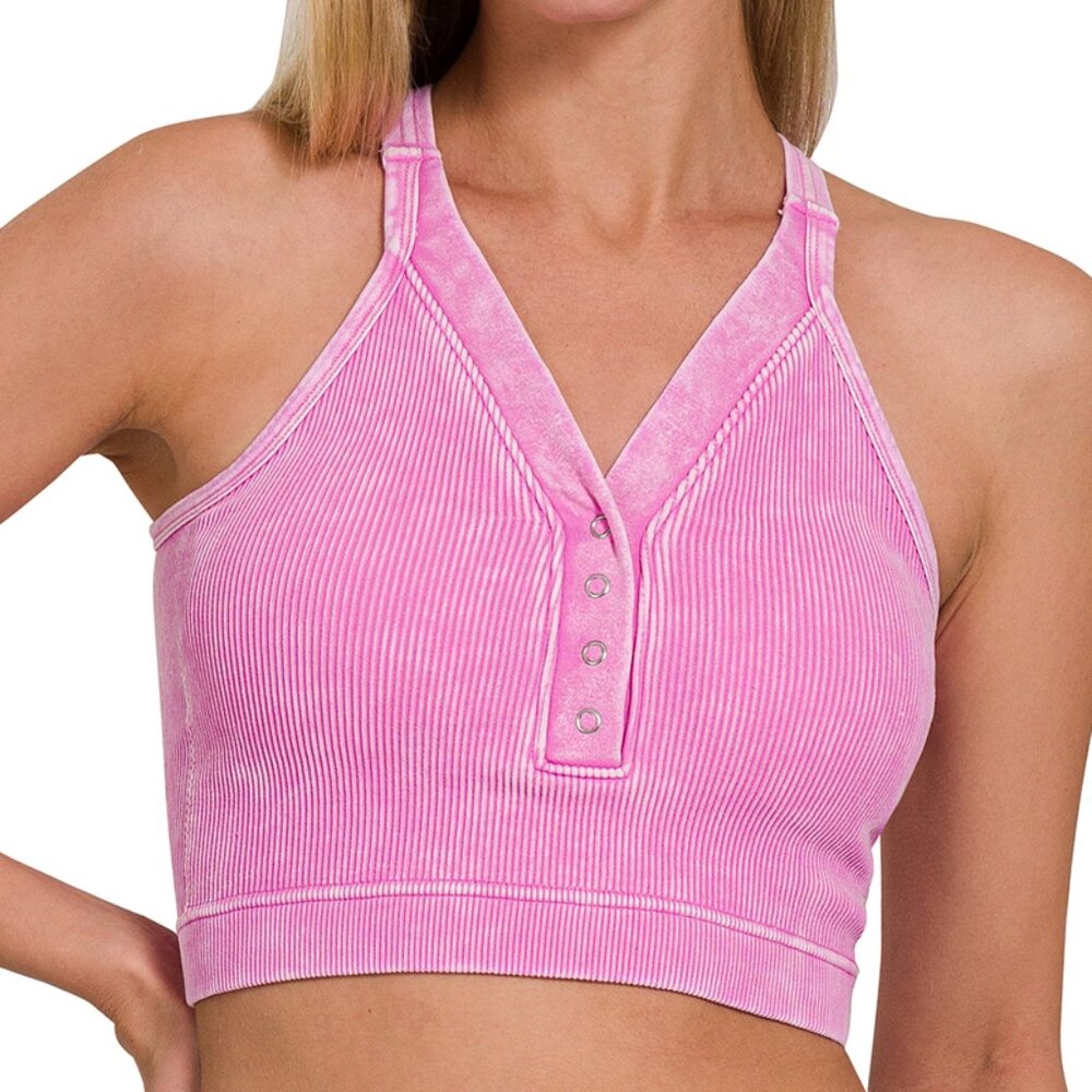 NWT WASHED RIBBED CROPPED BUTTON V-NECK TANK TOP - Bright Mauve Pink - S/M